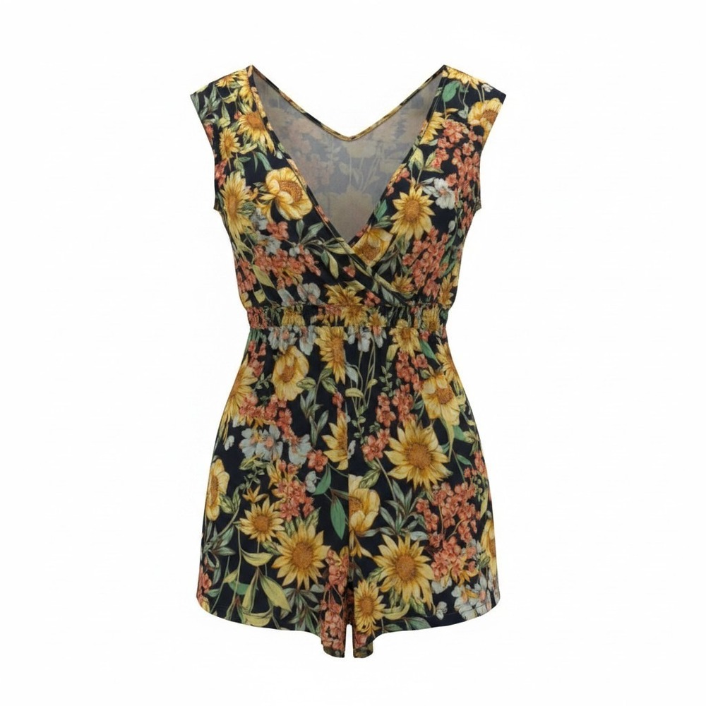 Maurices‎ 24/7 Sunflower Floral Romper Sleeveless Smocked Waist Plus 1X NWT Boho
